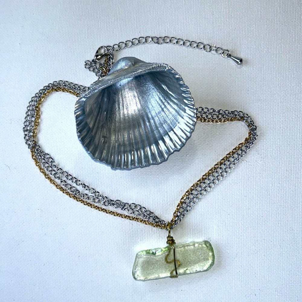 Handmade Sea Glass, Brass, & Stainless Steel Triple Chain Necklace w/ Ring Dish